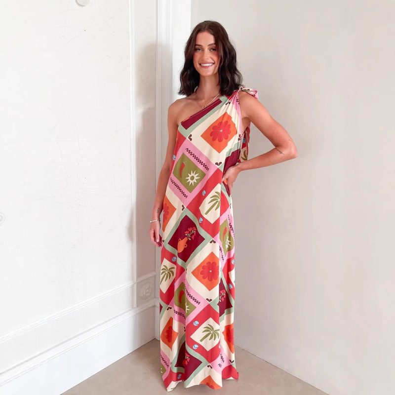 Elegant Printed Lace-Up One-Shoulder Maxi Dress