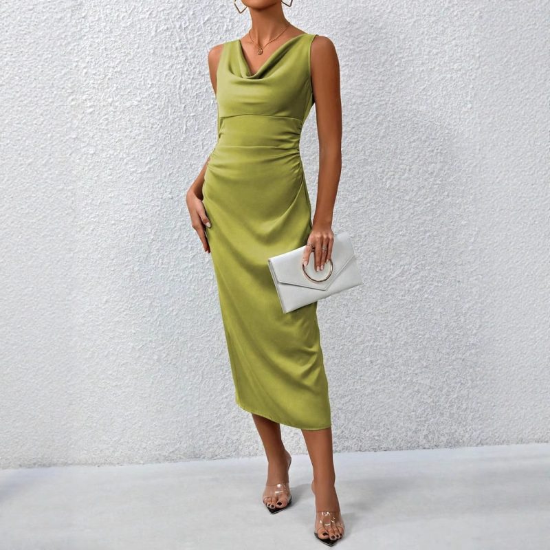 Pleated Satin Maxi Dress for Spring Summer