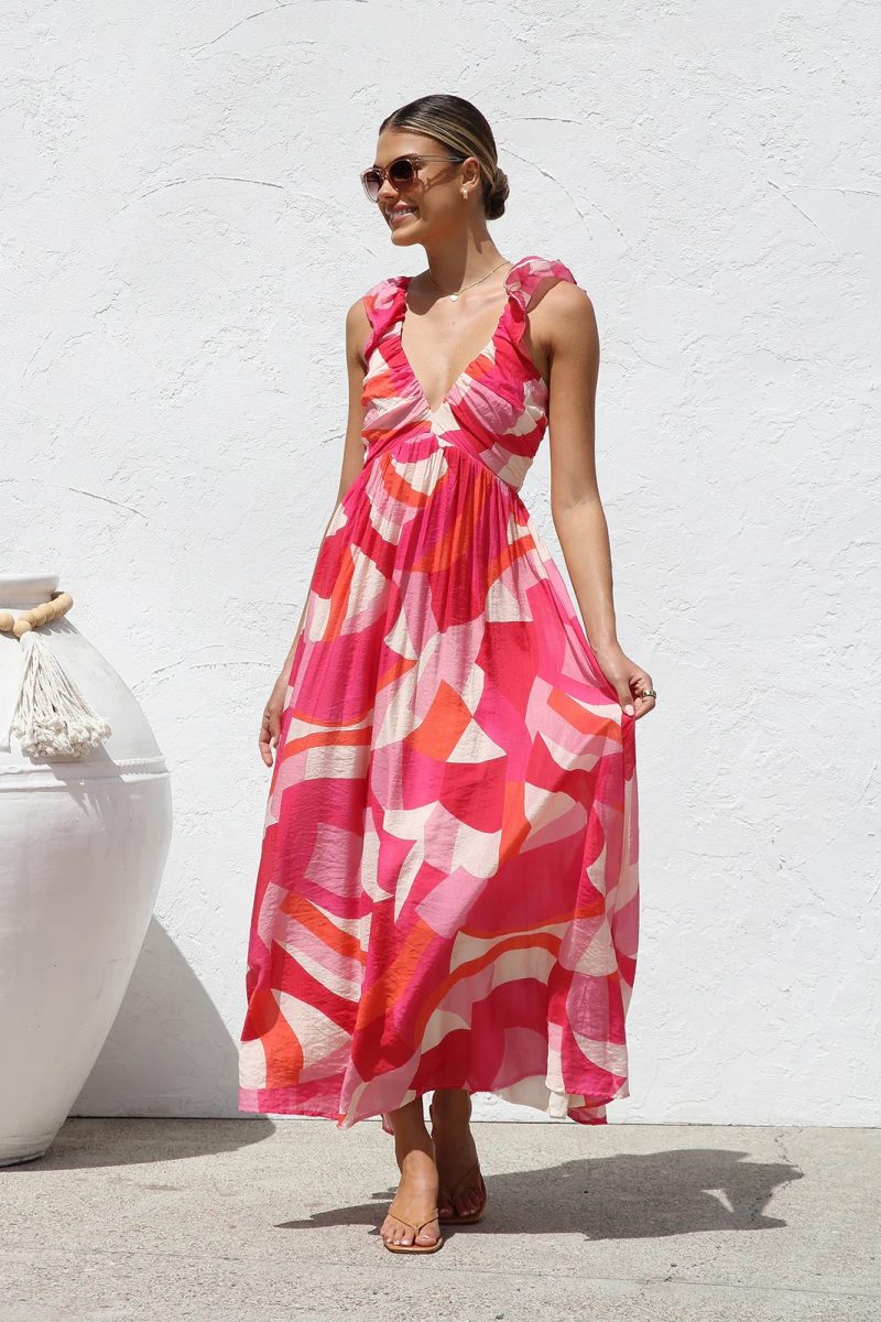 V-Neck Printed Strap Swing Summer Dress Women - Image 2