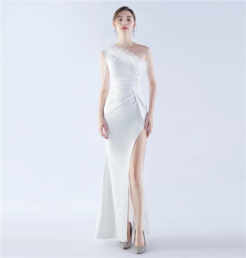 Winter Beaded Ostrich Feather Ceremony Evening Dress