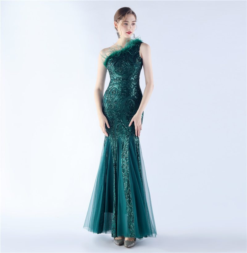 High-End Ostrich Feather Mesh Sequin Evening Dress - Image 4