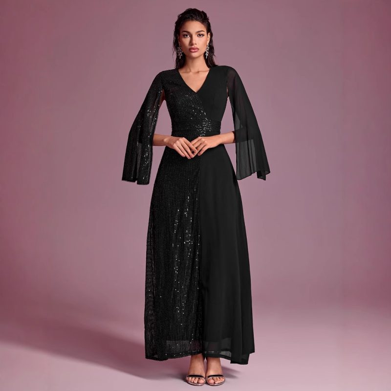 Sequin V-Neck Split Long Sleeve Evening Dress - Image 4