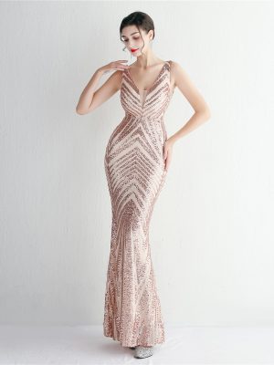 Elegant Floral Slim Fit Sequined Evening Dress