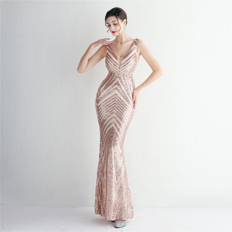 Elegant Floral Slim Fit Sequined Evening Dress