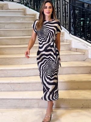 Zebra Print Side Slit Lace-Up Maxi Dress