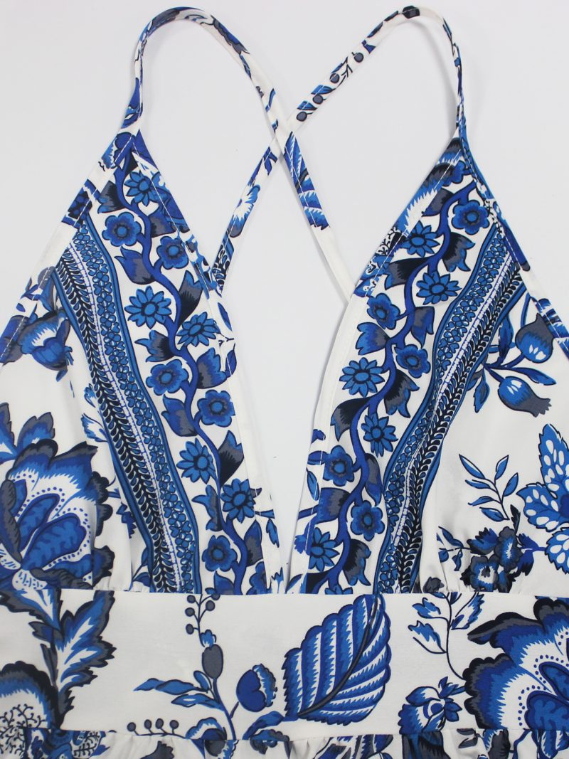 Elegant Deep V-Neck Back Cross Printed Dress - Image 3