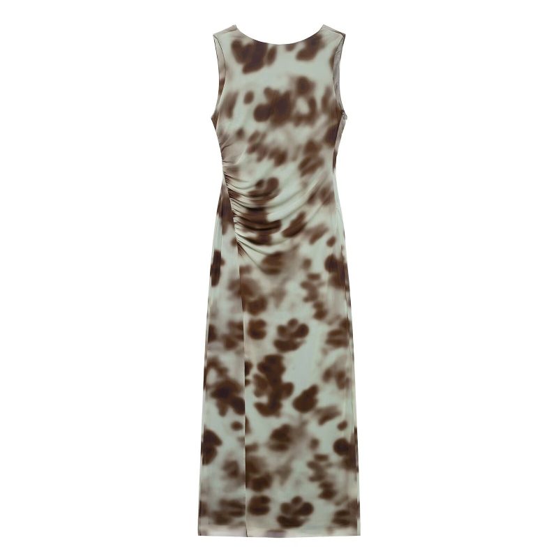 Pleated Print Sleeveless Round Neck Midi Dress