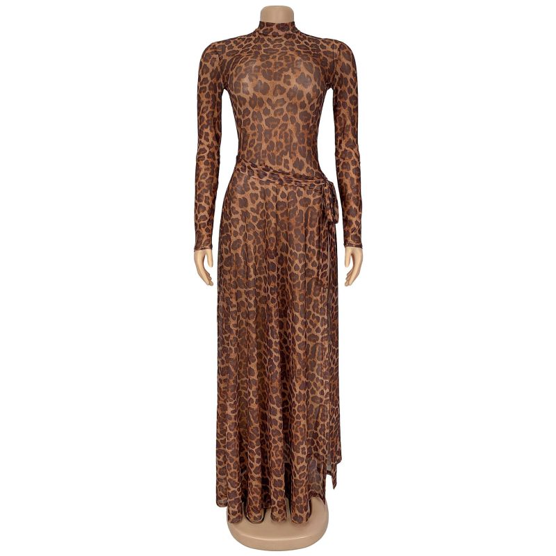 Sexy Leopard Print Long Sleeve Split Dress - Image 2