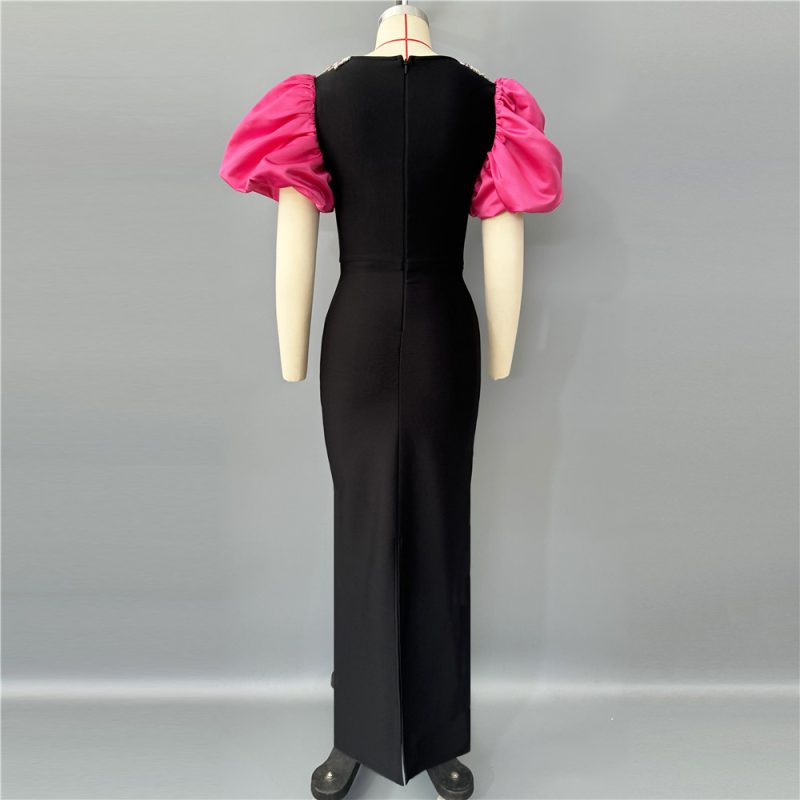Rhinestone Rose Red Puff Sleeve Cocktail Dress - Image 2