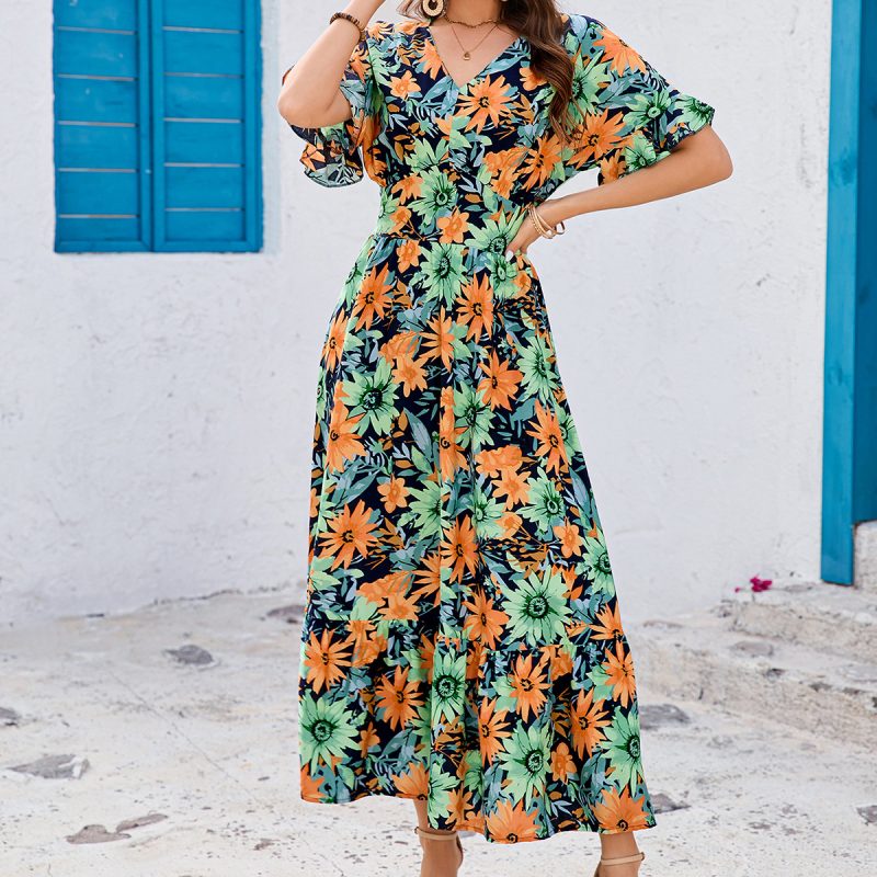 Elegant V-Neck Ruffled Short Sleeve Maxi - Image 4
