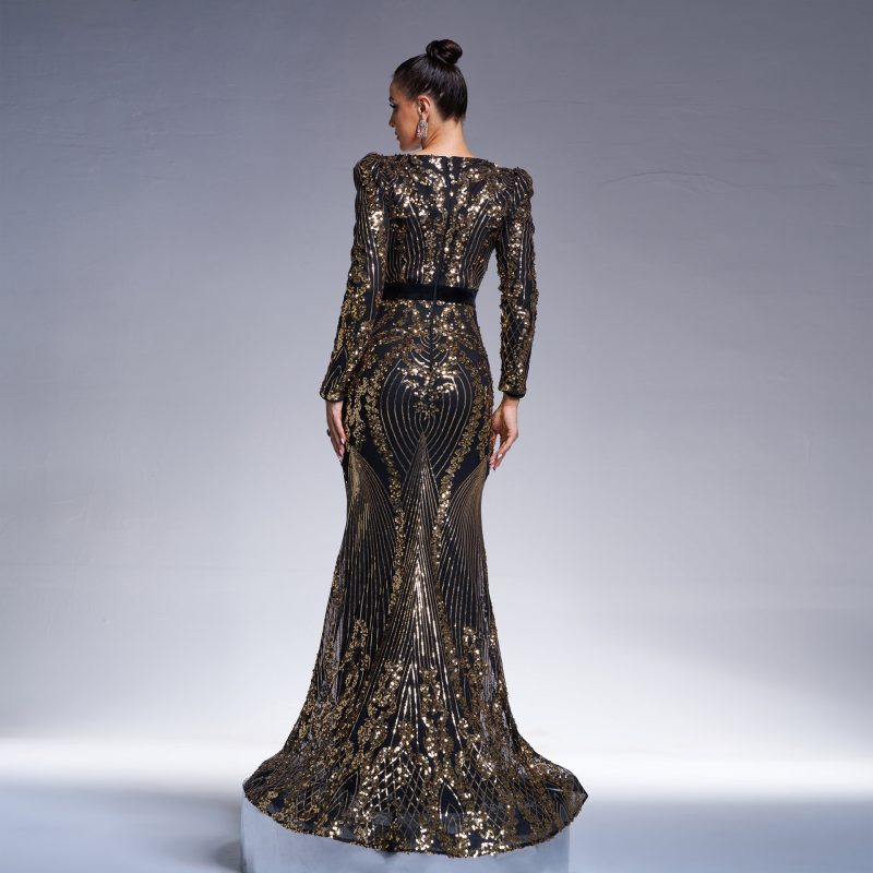 High-End V-Neck Slim Fit Sequin Fishtail Evening Dress - Image 3