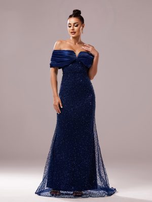 Off-Neck Slim Fit Sequined Fishtail Dress