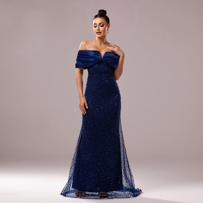 Off-Neck Slim Fit Sequined Fishtail Dress