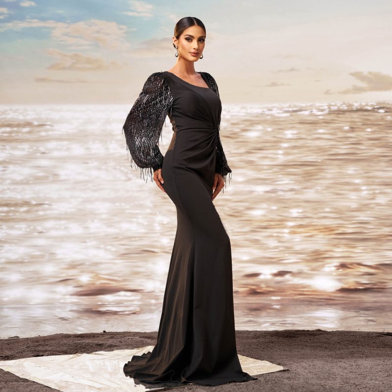 Long Sleeve Diagonal Collar Fishtail Dress - Image 2