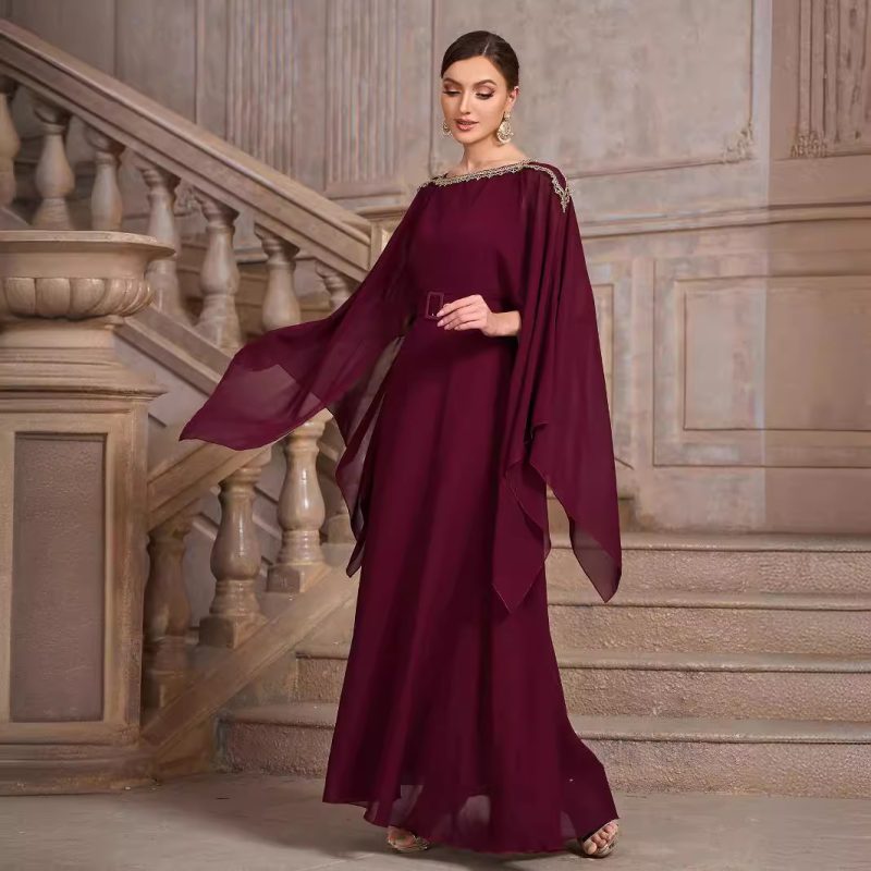 Elegant Chiffon Shawl Sleeve Belted Dress - Image 4