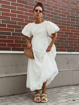 Cotton Round Neck Puff Sleeve Casual Dress