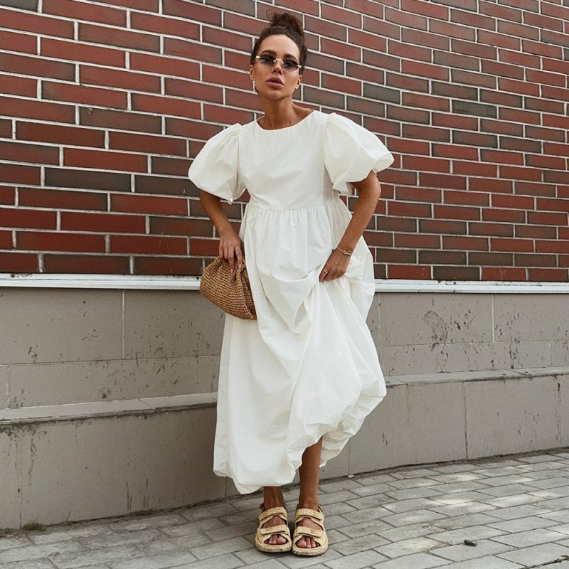 Cotton Round Neck Puff Sleeve Casual Dress