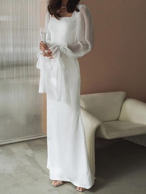 French Square Collar Mesh Slim Fishtail Dress