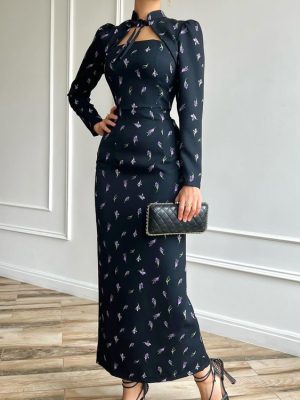 French Stand Collar Tie Printed Slit Sheath Dress