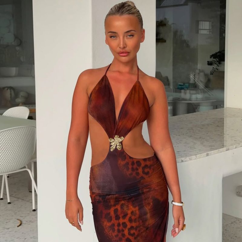 Sexy Hollowed Slim Fit Printed Slit Dress - Image 2