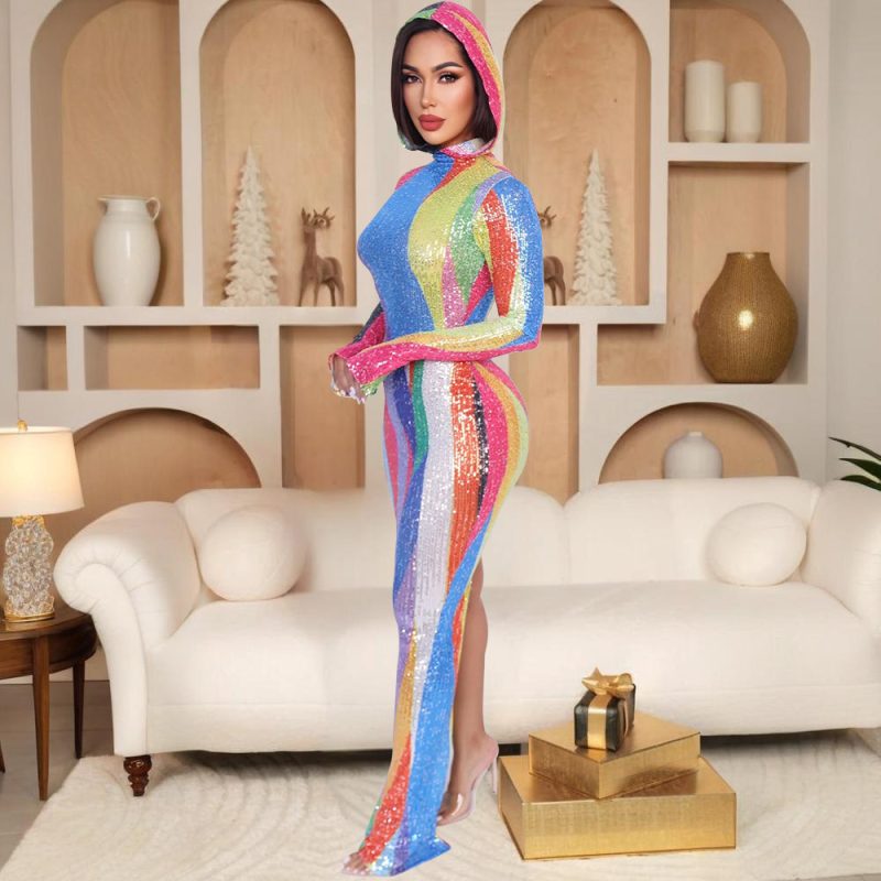 Hooded High Slit Sexy Nightclub Maxi Dress - Image 2