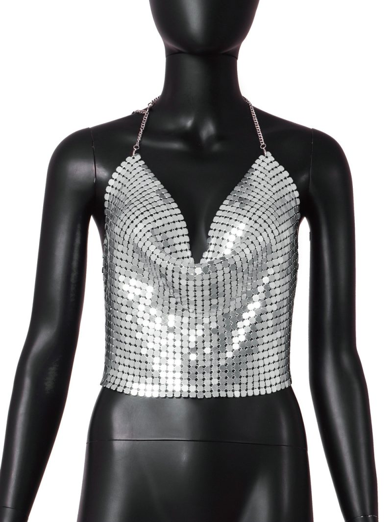 Backless Sequin Chain Strap Deep V Tank - Image 4