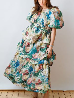 Elegant Retro Tiered Multi-Layer Ruffled Maxi Dress