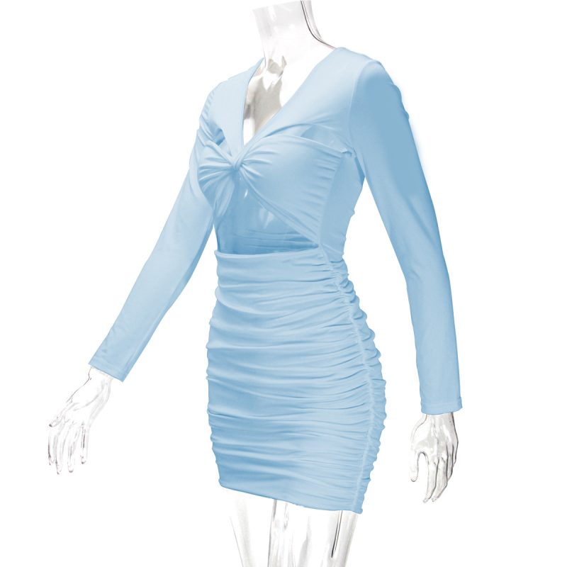 Sexy Hollow Out Pleated Long Sleeve Hip Dress - Image 4