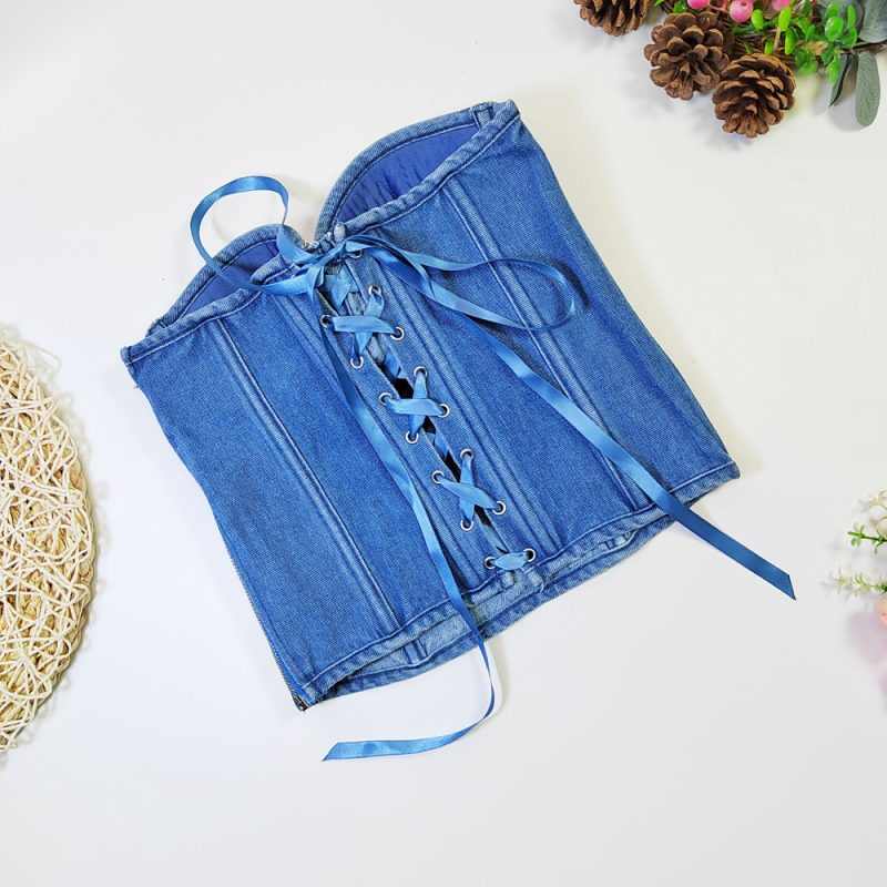 Body Shaping Denim Tube Top Lace-Up Corset - Image 2