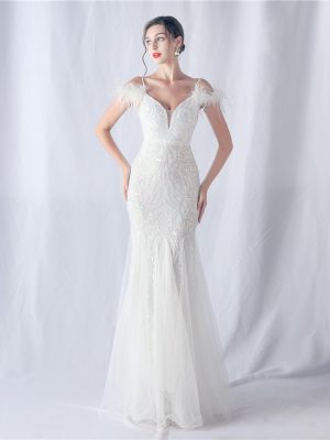 Floral Sequin Ostrich Feather Mesh Evening Dress