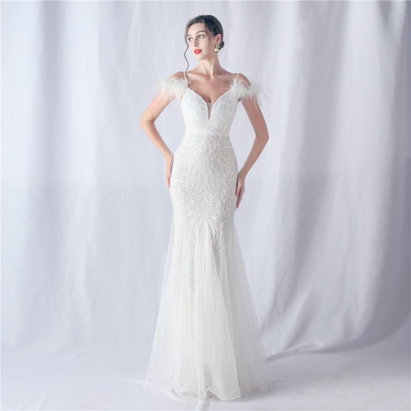 Floral Sequin Ostrich Feather Mesh Evening Dress