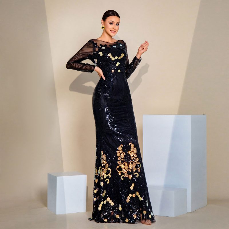 Elegant Sequin Long Sleeve Evening Cocktail Dress - Image 2