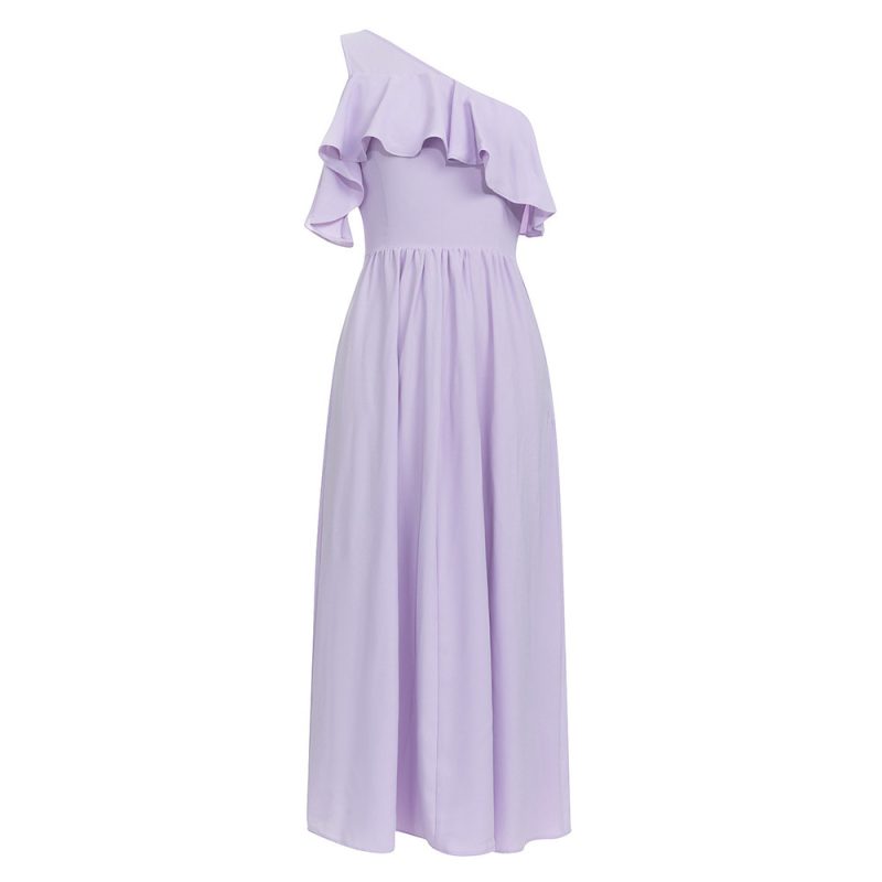 Sexy Asymmetric Oblique Shoulder Pleated Side Slit Dress - Image 3