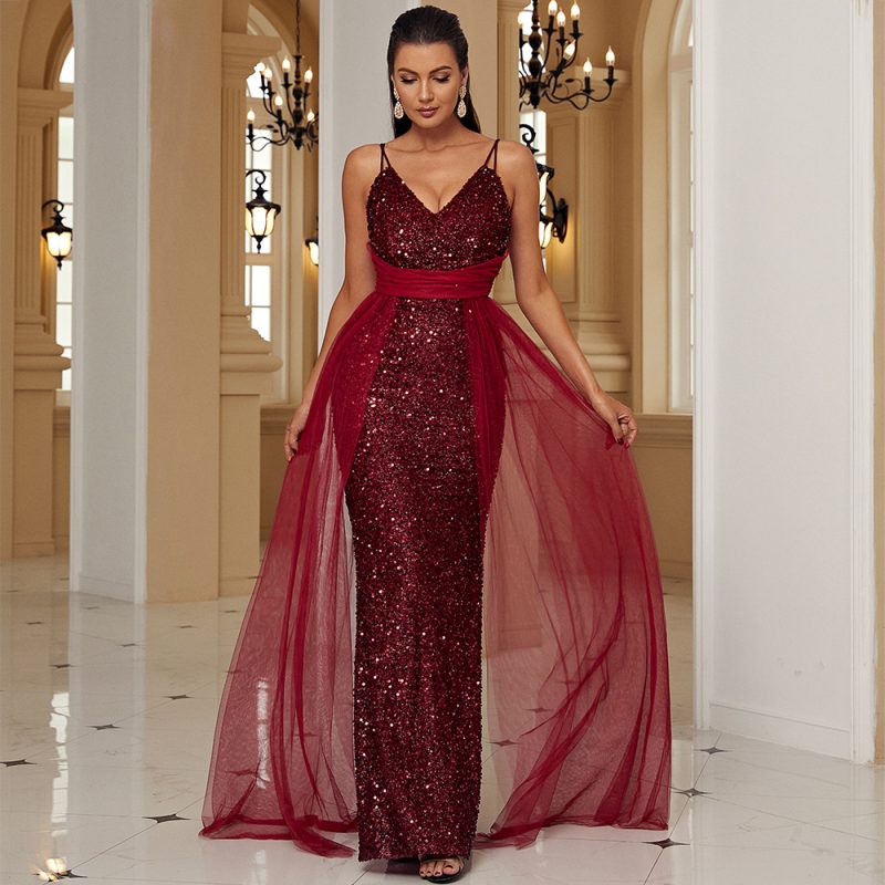 Elegant Sleeveless Sequined Lace Backless Maxi Dress