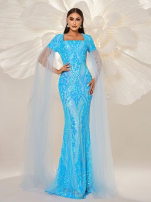 Elegant Long Sleeve Sequined Fishtail Cocktail Dress