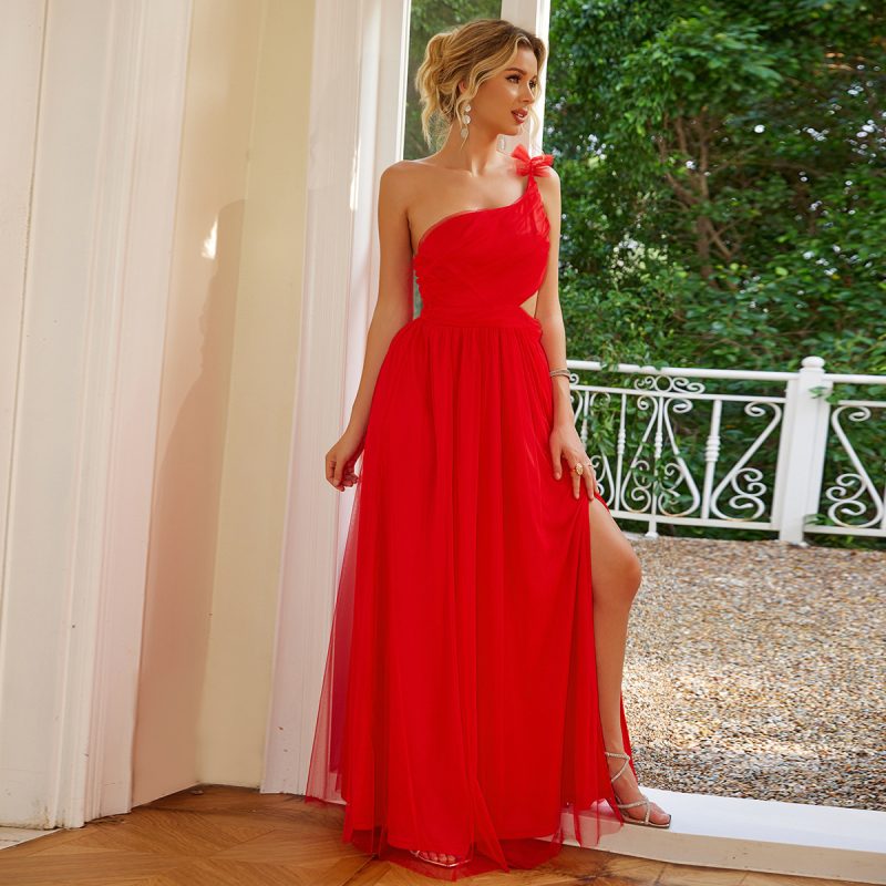 Shoulder Solid Color Voile Slit Slim Dress - Image 4