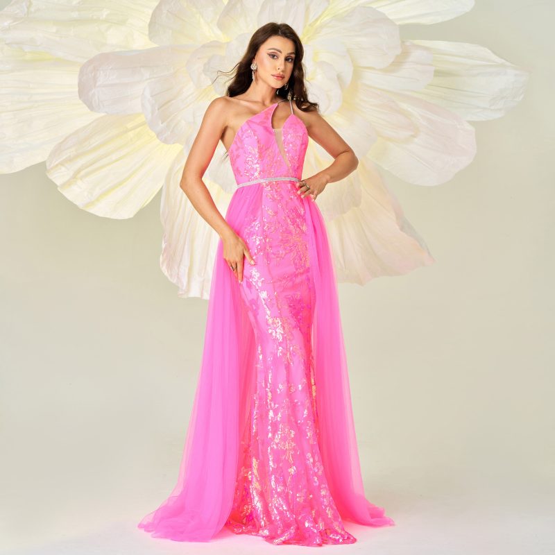 High-End One Shoulder Sequin Gauze Dress - Image 4