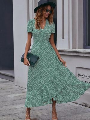 Floral V-Neck Lace-Up Bohemian Vacation Dress