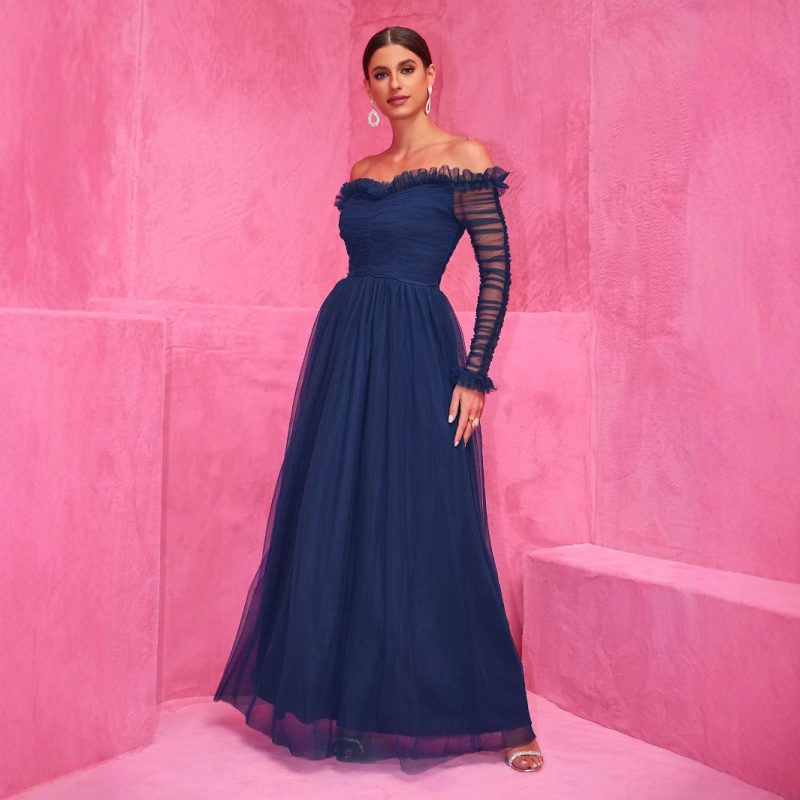 Chiffon Patchwork Off-Shoulder Lace Maxi Evening Dress