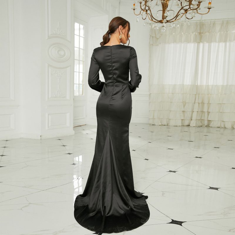 Elegant Long-Sleeved Satin Split Evening Dress - Image 3