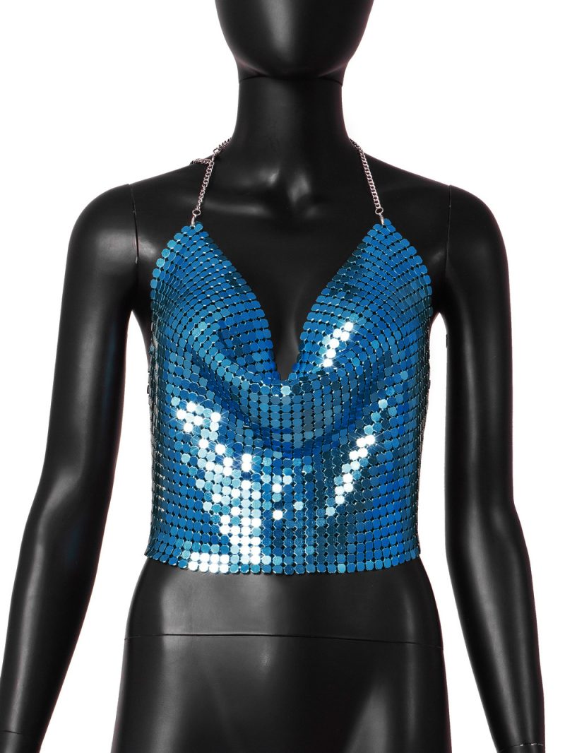 Backless Sequin Chain Strap Deep V Tank - Image 2