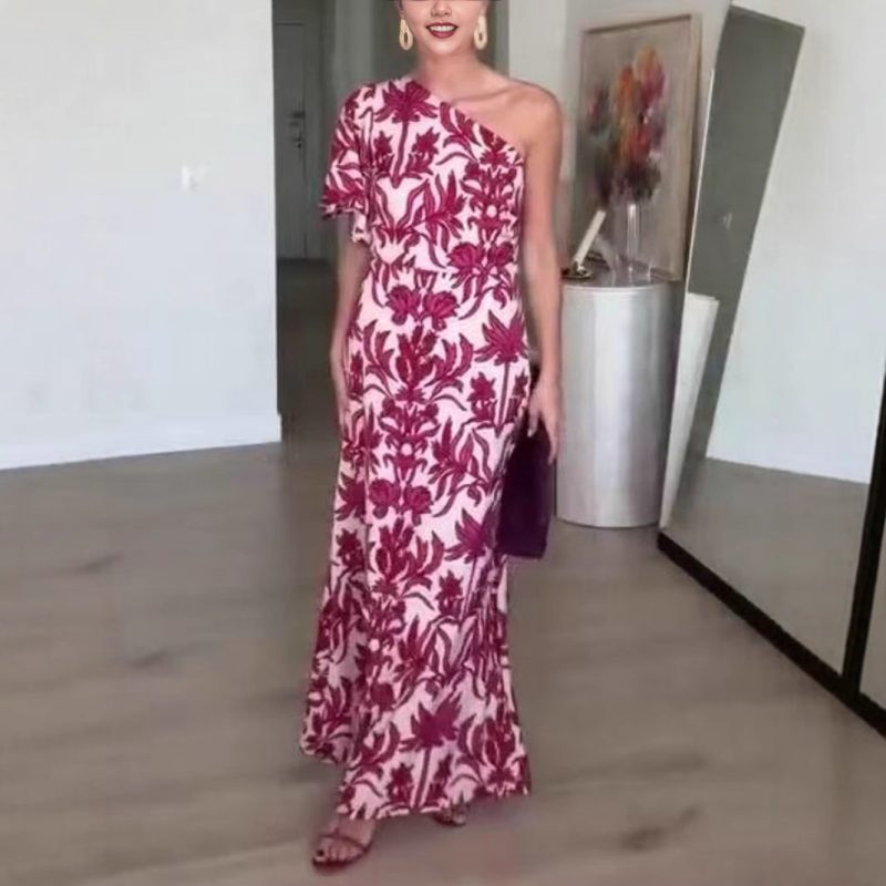 Sexy Summer One-Shoulder Printed Maxi Dress