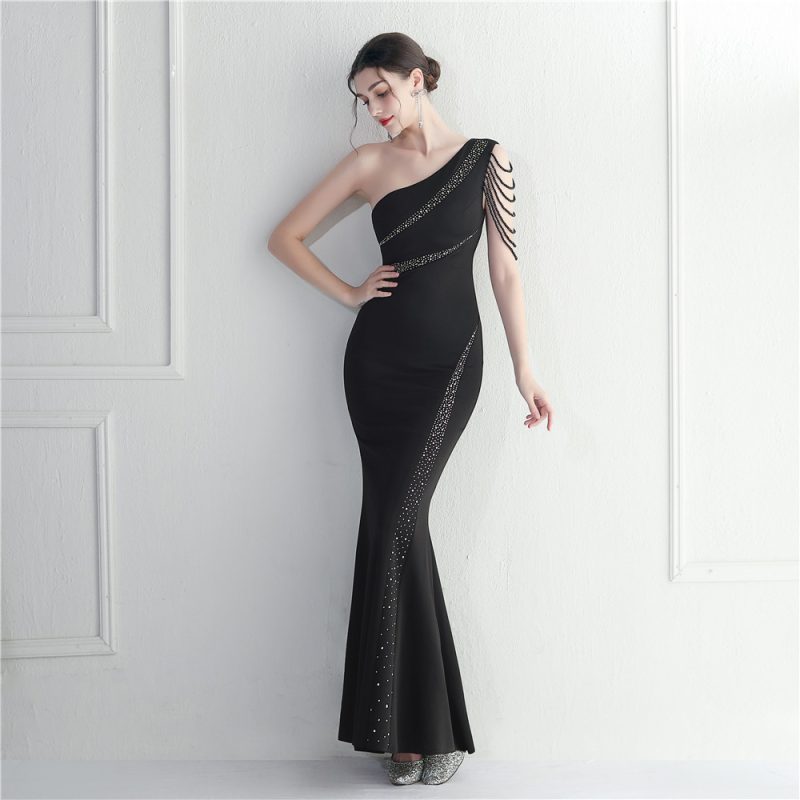 Handmade Beaded One-Shoulder Rhinestone Evening Dress - Image 4