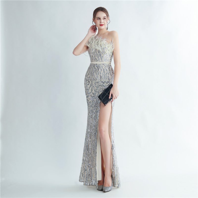 Beaded Ostrich Feather One-Shoulder Evening Dress - Image 4