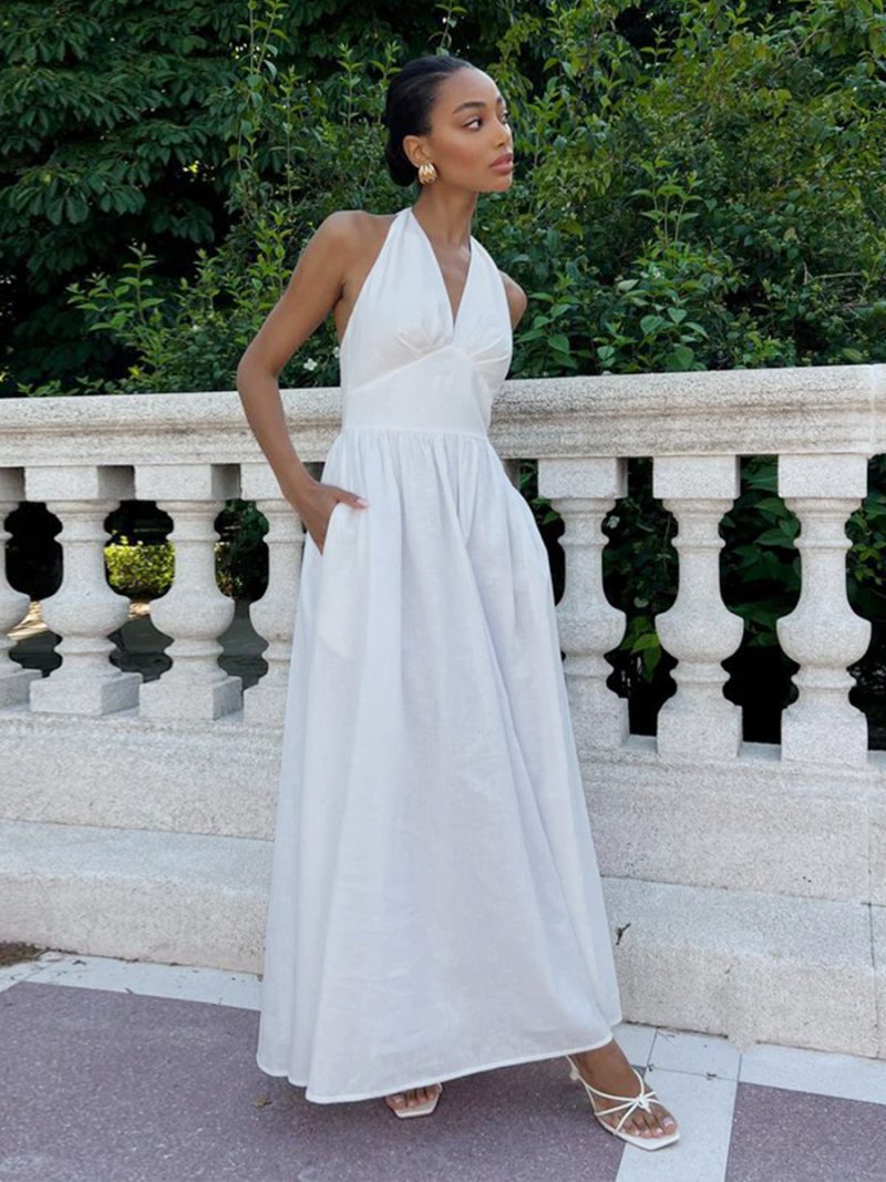 Cotton Maxi V-Neck Lace-Up Swing Dress - Image 3