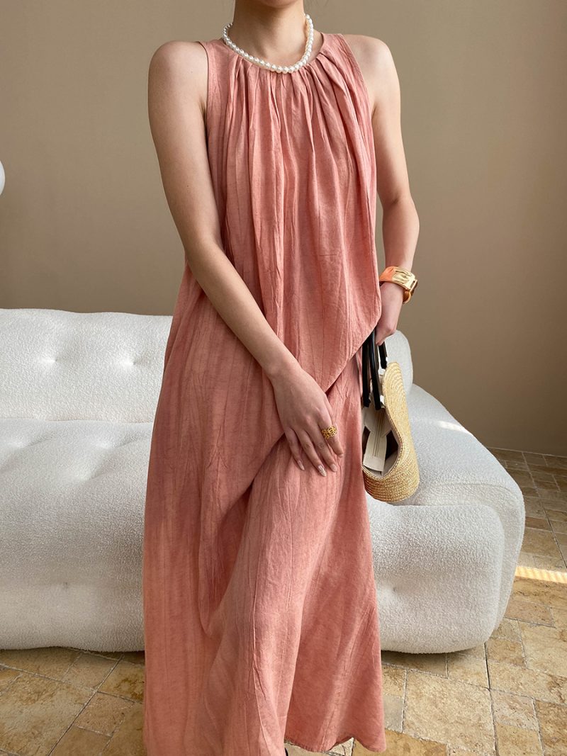 Relaxed Linen Pleated Sleeveless A-Line Dress - Image 4