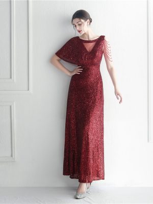 Beaded Ruffle Sleeve Mesh See-Through Evening Dress