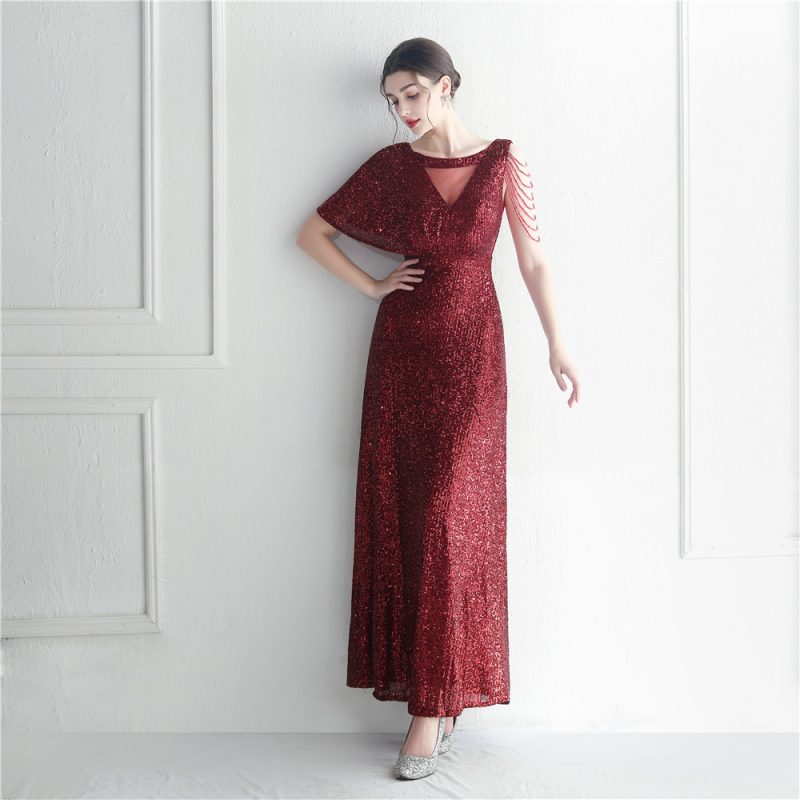 Beaded Ruffle Sleeve Mesh See-Through Evening Dress