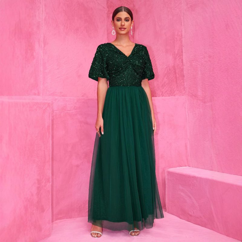 Elegant A-Line Sequined Double V-Neck Tulle Dress - Image 2