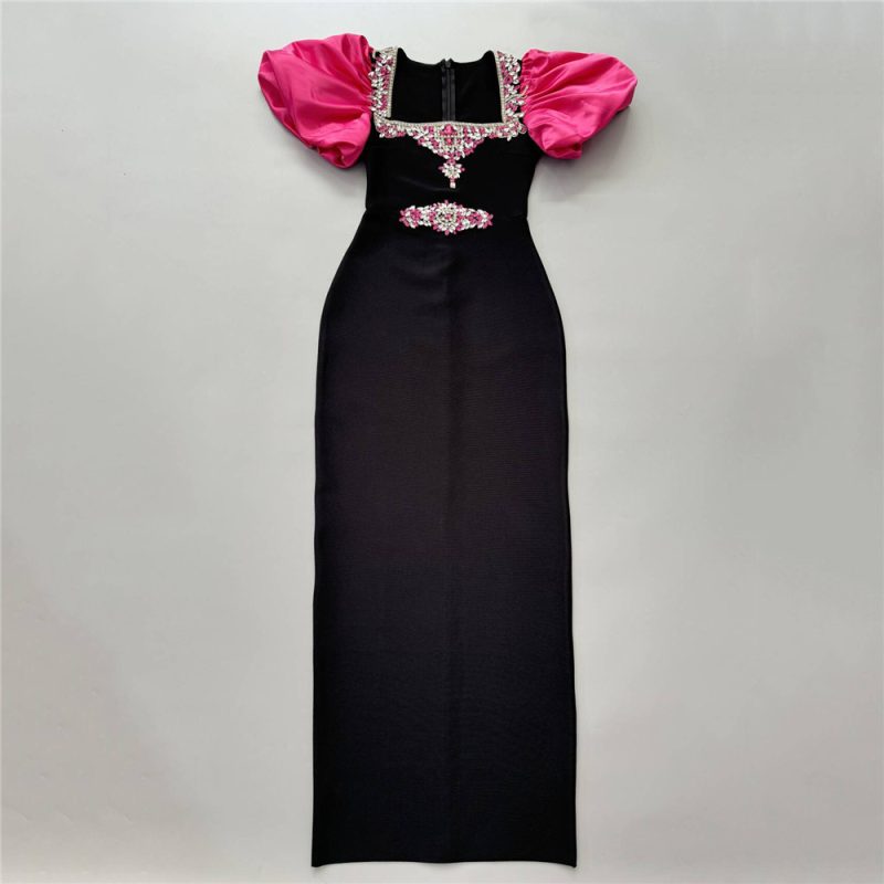 Rhinestone Rose Red Puff Sleeve Cocktail Dress - Image 3